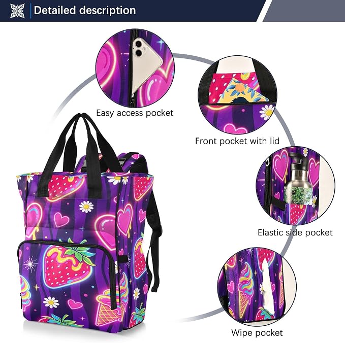 Personalized Neon Strawberry Ice Cream Diaper Bag Travel Large Cap Mom Dad