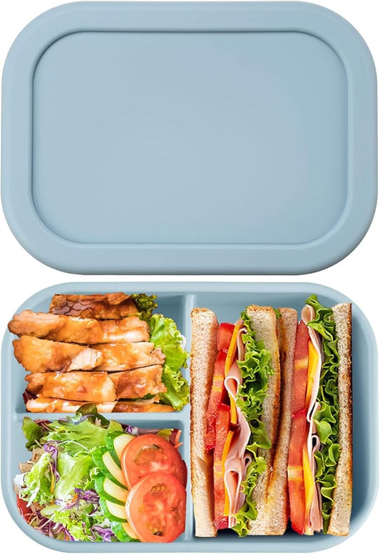 Layhit 1 Pcs Silicone Bento Box for Adults, 27 oz Bento Lunch Container Reusable Food Container for Women Men, Leak Proof Microwave Dishwasher Freezer Safe (3 Compartments,Gray Blue)