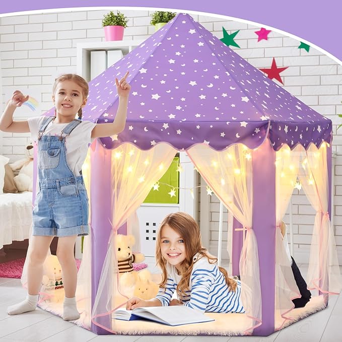 Purple Princess Tent for Girls, Kids Play Tent with LED Small Star Lights, Castle Playhouse Tent for Children Toddlers Indoor Outdoor Games, 55×53 Inches
