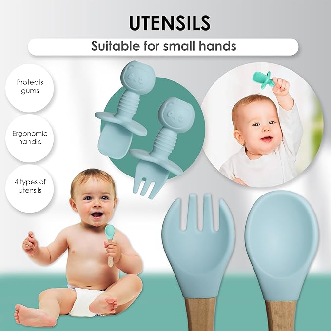 Bluet B- Silicone Baby Feeding Set - Baby Led Weaning Supplies - Baby Spoons, Suction Bowl - Plate - Baby Utensils Set - Silicone Feeding Set for Baby First Foods, Infant Eating - 8pcs - Light Blue