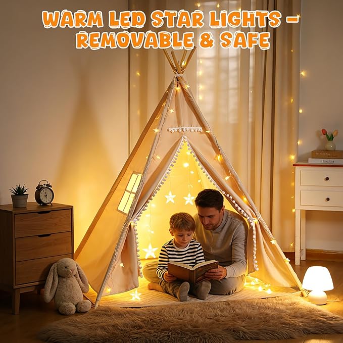 Teepee Tent for Kids with BBQ Pretend Play Toys, Spacious 60??Kids Play Tent Indoor & Outdoor, Foldable Playhouse with Mat & Star Lights, Washable Camping Toys Gift for Boys & Girls Ages 3??