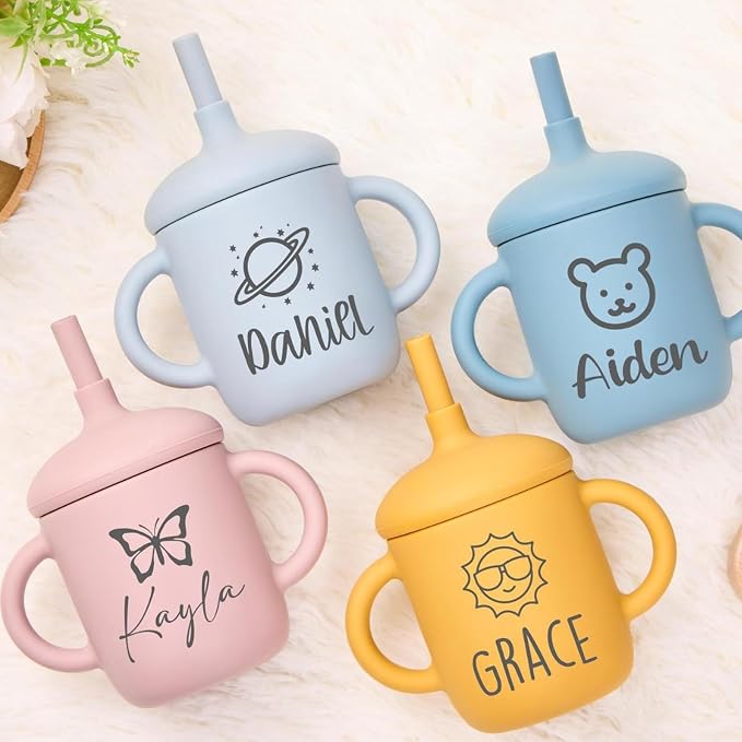 Personalized Silicone Straw Cup Baby Three Stage Training Cup Suitable for Infants Toddlers and Children Baptism Gift Easter Gift
