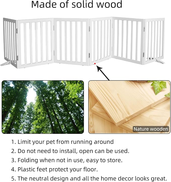Dog Gate Indoor, Freestanding Dog Fence for The House, Doorways, Hallways,or Stairs,Pet Gate Foldable Wooden,Expandable 24" Height 6 Panels,White