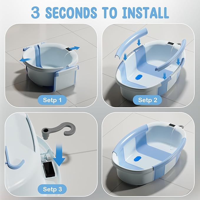 TOSGN Collapsible Baby Bathtub, 3s to Install, Baby Bath Tub with Soft Cushion & Thermometer, 0-36 Months Newborn Bathtub,Portable Travel Baby Tub, Blue