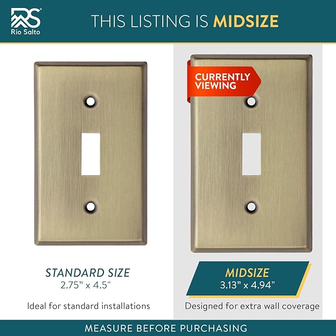 Rio Salto BRASS Signature Collection Midsize Antique Gold Toggle Light Switch Covers Metal Wall Plate Single Togle Switch Wall Plate Gang Toggle Switch Vintage Matte Gold