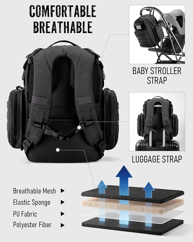 Dinictis Dad Diaper Bag, Mens Diaper Bag Backpack with Diaper Changing Mat, Military Diaper Backpack with Molle Webbing, Waterproof Pouch, Baby Wipes pocket, Insulated Bottle Pockets- Tropical Black