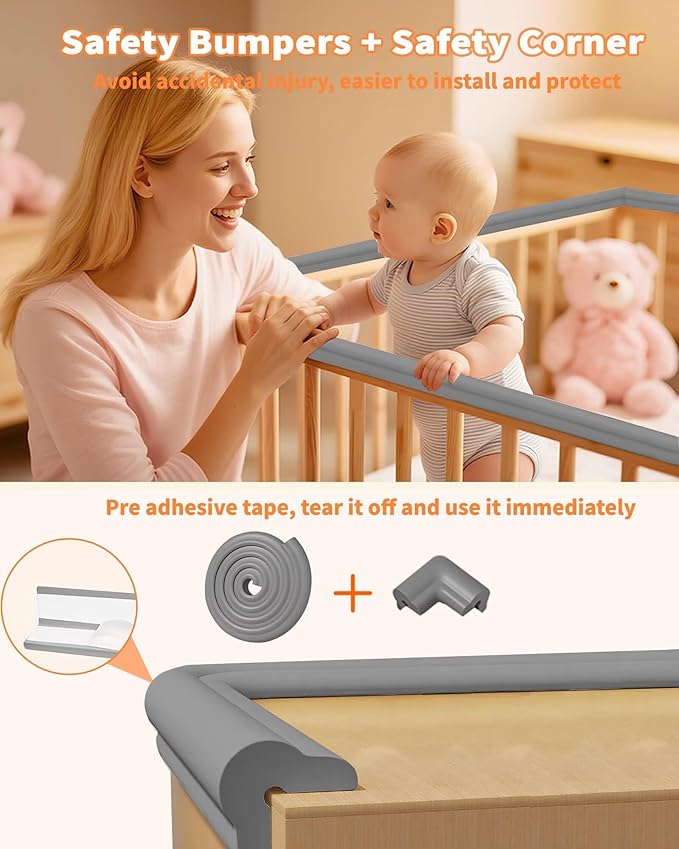 Edge Protector for Baby Proofing, 6.6FT 0.67?™’Th L-Shape Air Buffering Soft NBR Rubber Foam Furniture Edge Bumper Guards with 6 Corners, Pre-Taped, Thick Table Bumper Guard for Babies (Grey)