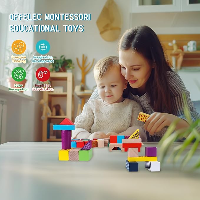 Offelec 50 Pcs Wooden Building Blocks Set with Storage Bucket, Montessori Stacking Blocks & Shape Sorting Toys for Toddlers, Preschool Learning Toys for Boys & Girls, Kids Brightly Colored Blocks