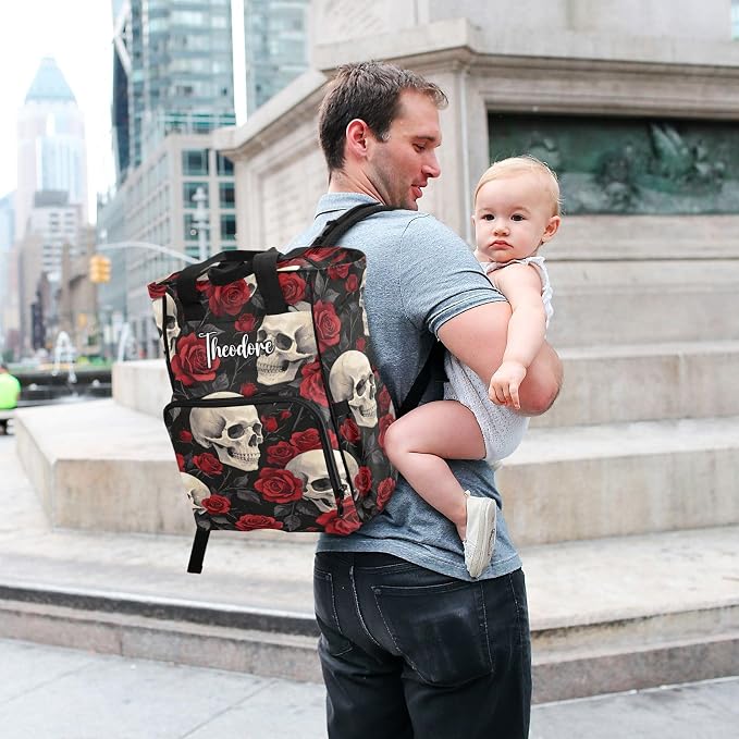 Personalized Watercolor Red Rose Skull Diaper Bag Insul Pockets Mom Dad