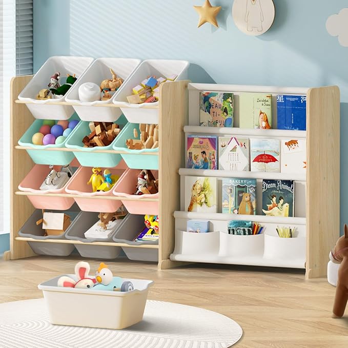 EXPERLAM Kids Toy Storage Organizer with Bookshelf - 12 Multi-Color Bins and 4 Book Shelves, Organizers and Storage for Playroom, Nursery, Room, Burlywood