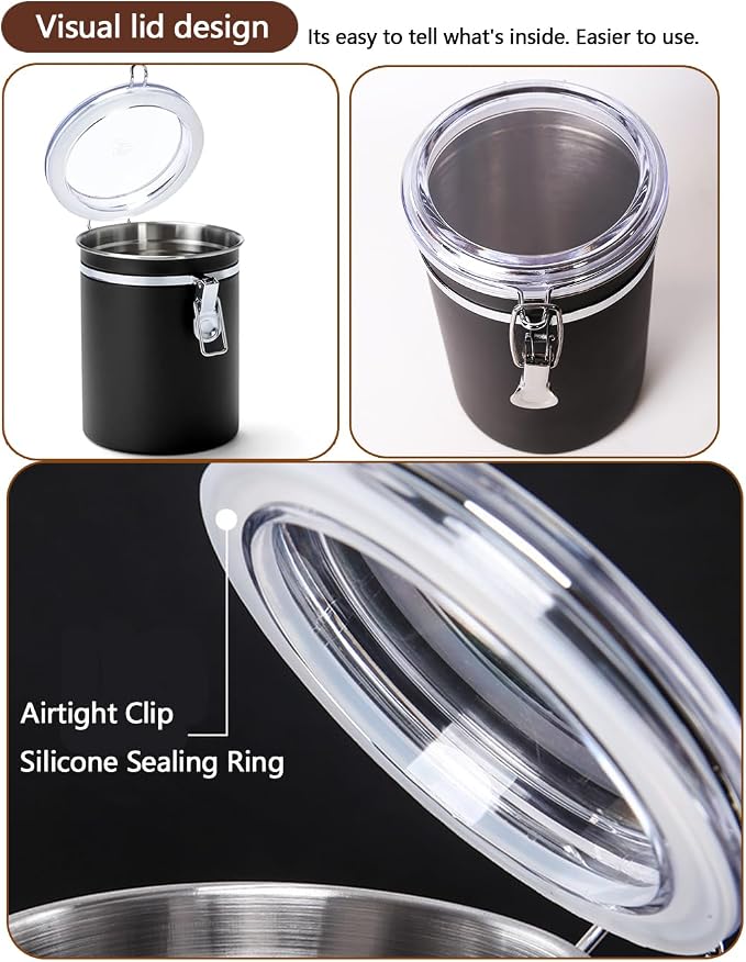 Walktosun Stainless Steel Food Container with Clear Lids Airtight Storage Container Small Canisters Kitchen Pantry Storage for Cereal, Snacks, Candy, Herbs, Spices, Sugar, Tea (1.8L Dark Black)