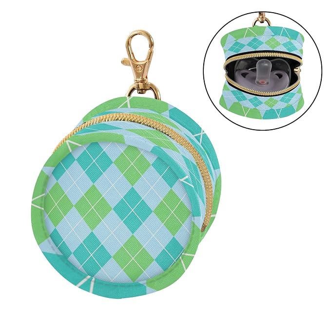 Pacifier Holder with Clip Pacifier Case for Diaper Bag Round Baby Pacifier Pouch Box Bag Portable Emerald Green and Blue Diamond Grid