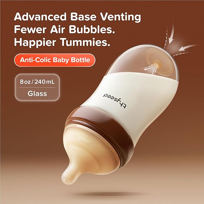 Thyseed Anti-Colic Glass Baby Bottle for Breastfed Infants, Paced Feeding, Breast-Like Newborn Medium Fast Flow Nipple (3m+), 8 oz, 2 Pack