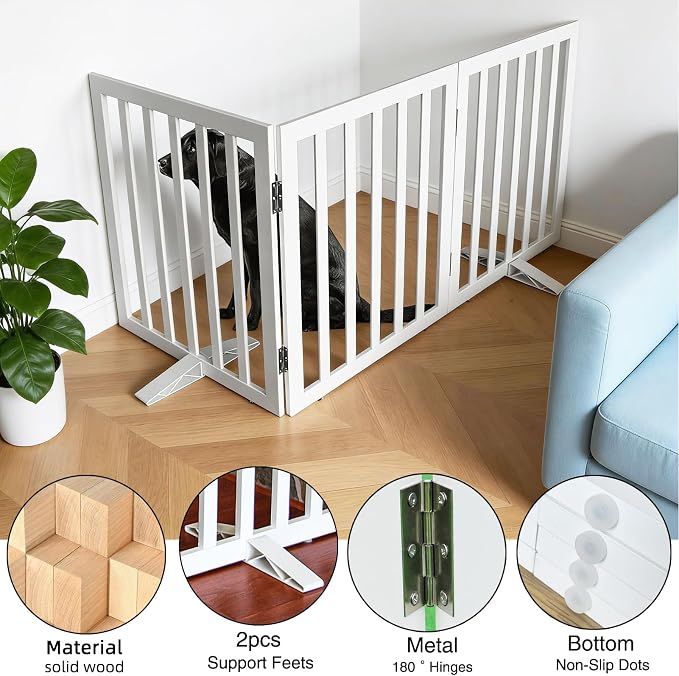 Dog Gate Indoor, Freestanding Dog Fence for The House, Doorways, Hallways,or Stairs,Pet Gate Foldable Wooden,Expandable 24" Height 3 Panels,White