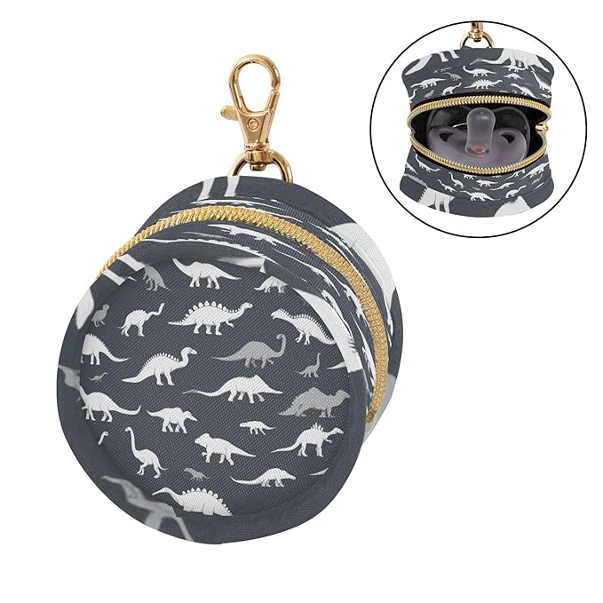 Pacifier Holder with Clip Pacifier Case for Diaper Bag Round Baby Pacifier Pouch Box Bag Portable Dark Grey Dinosaurs