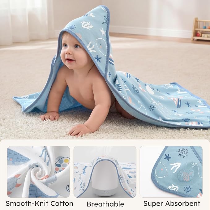 Hooded Baby Towels for Newborn,100% Cotton Baby Bath Towels with Hood for Infant Toddler Boy Girl, 2 Pack 32x32 Inch Soft & Absorbent Knit Terry Bath Essentials Blue Whale
