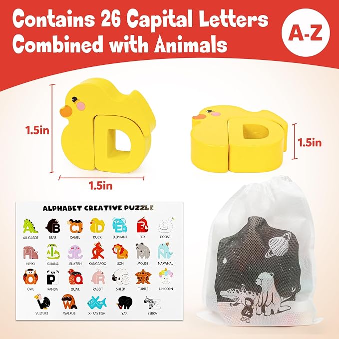 Wooden Alphabet Matching Game, ABC Animal Puzzle Board for Toddlers, Montessori Sorting Blocks Board Toy, Preschool Jigsaw Puzzle for Early Learning, Educational Gift for Kids Boys Girls Ages 3-5