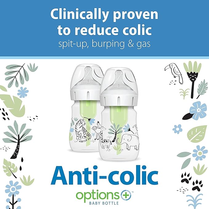 Dr. Brown?™s Natural Flow® Anti-Colic Options+??Wide-Neck Baby Bottle Designer Edition Bottles, Jungle Decos, 5 oz/150 mL, Level 1 Nipple, 2-Pack, 0m+ with 6-Pack Level 2 Nipples
