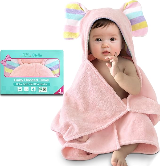 VOOVA & MOVAS Cute Elephant Ears Hooded Towel for Baby ??100% Cotton, 420GSM, Thick & Super Absorbent ??33" x 31.5", Pink ??for 0??8 Months ??Large Towel for Newborn, Toddler, Infant, Essential