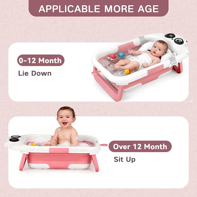 Foldable Baby Bathtub for Newborn to Toddler (0-24 Months), Portable Baby Bath Tub for Travel, Collapsible Baby Tub with Soft and Supportive Cushion (Panda-Pink)