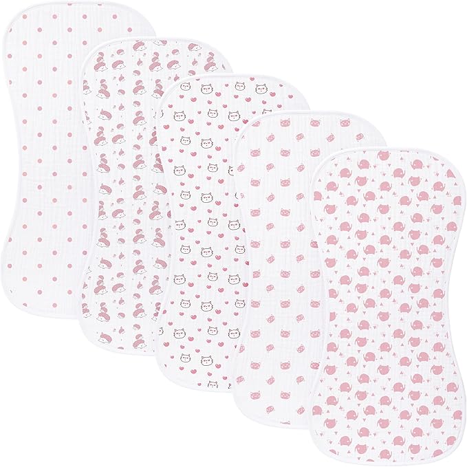 sleepyturtle 5 Pack Baby Burp Cloths, Unisex Newborn Burping Cloths, Soft and Absorbent Muslin Cotton, Large Size for Newborn, (Pink-fxm)