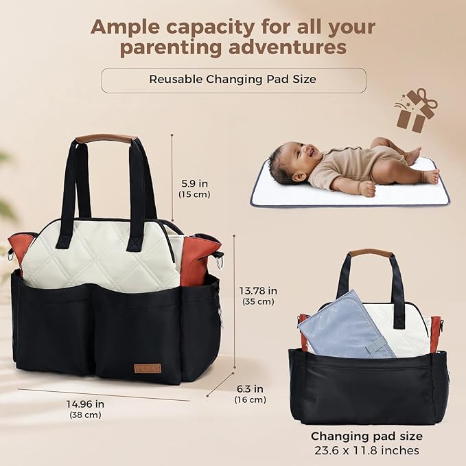 Lekebaby Diaper Bag Tote for Baby - 17 Pockets Large Travel Diaper Tote with Portable Changing Pad, Mom Crossbody Hospital Bag for Labor Delivery, Waterproof, Baby Essentials for Newborn Gifts, Beige