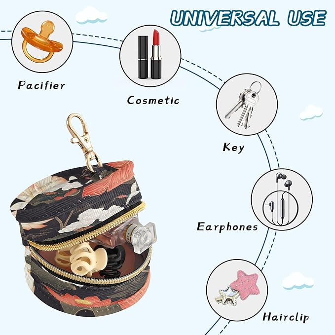 Pacifier Holder with Clip Pacifier Case for Diaper Bag Round Baby Pacifier Pouch Box Bag Portable Lotus Flowers and Crane Black