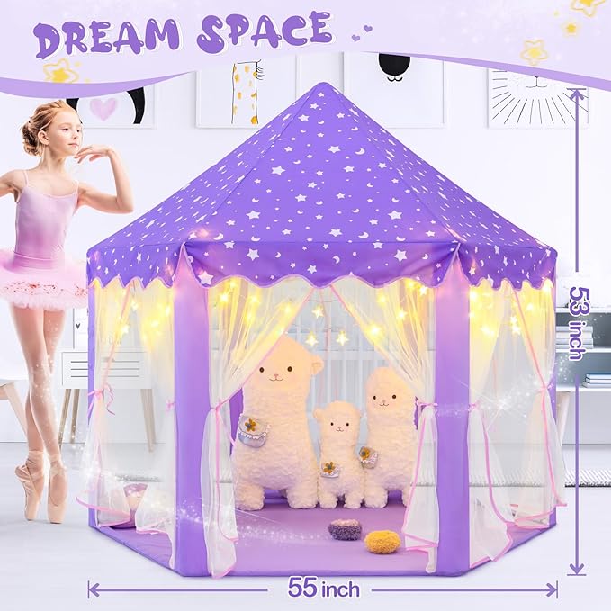 Princess Tent for Girls Age 4-7 with Star Lights, Kids Play Tent for Girls Indoor, Castle Playhouse Tent for Toddlers, Purple Princess Toy Tent 55x53 inch