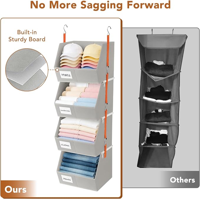 4 Pcs Modular Closet Organizer - Detachable & Foldable Hanging Storage Cubes, 88L Total Capacity, Heavy Duty Fabric Shelves for Wardrobe, Closet Organization, RV, Dorm, Grey