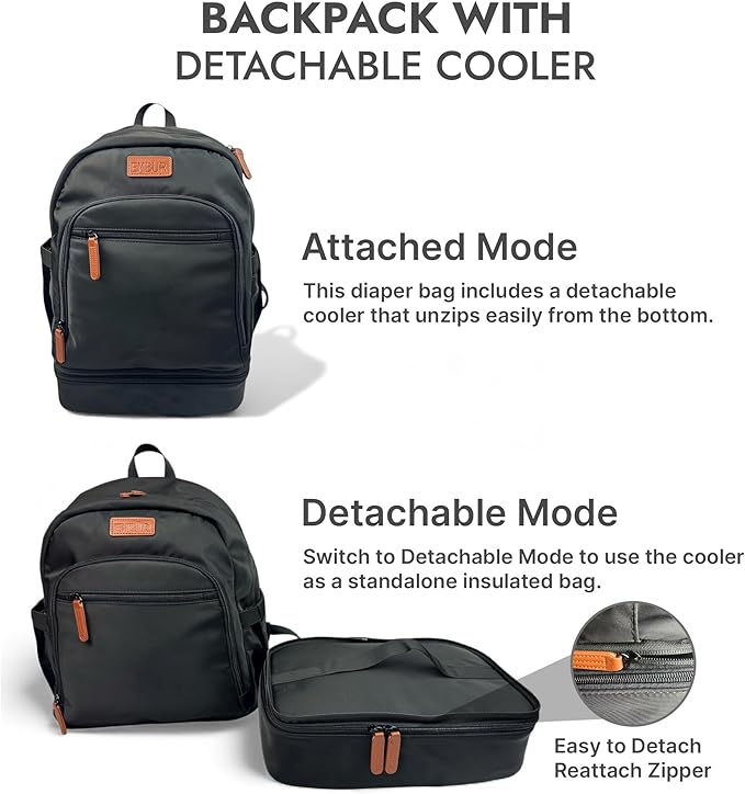 EMBUR Diaper Bag Backpack with Detachable Insulated Cooler ??Waterproof, Lightweight Baby Bag with Multi-Compartments, Stroller Straps, Changing Pad, Large Capacity, Ice Packs Included