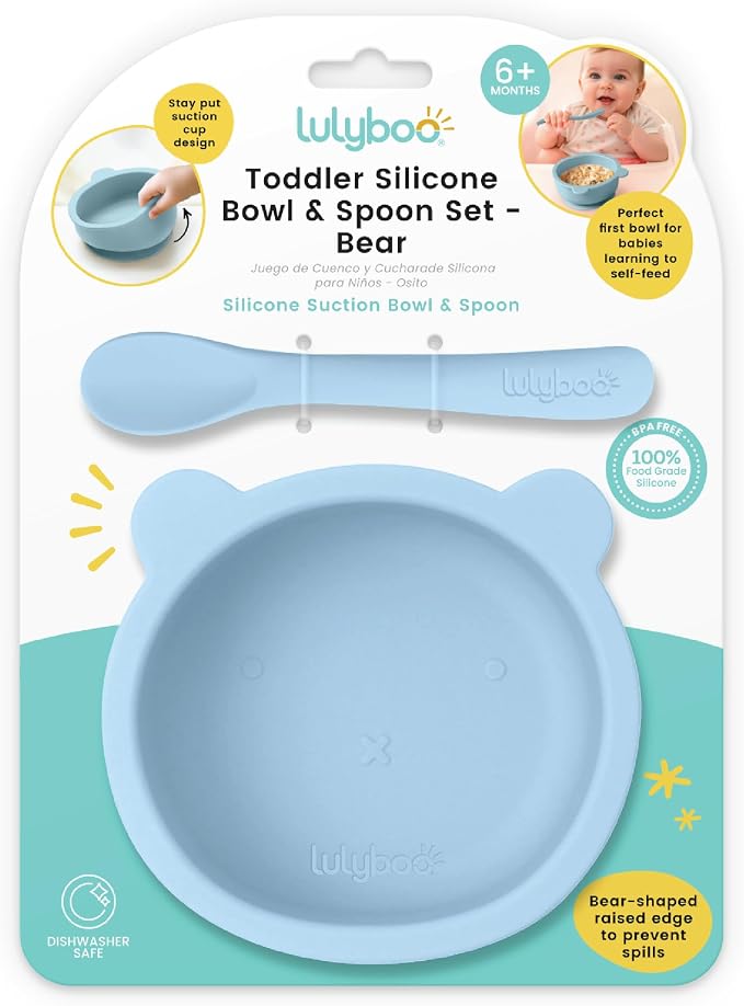 Lulyboo Silicone Bear Suction Bowl & Spoon Set for Babies & Toddlers - Food Grade, Non-Toxic Silicone, Anti-Spill Design, Self-Feeding Utensils, Durable & Dishwasher Safe, Ideal for First Mealtime