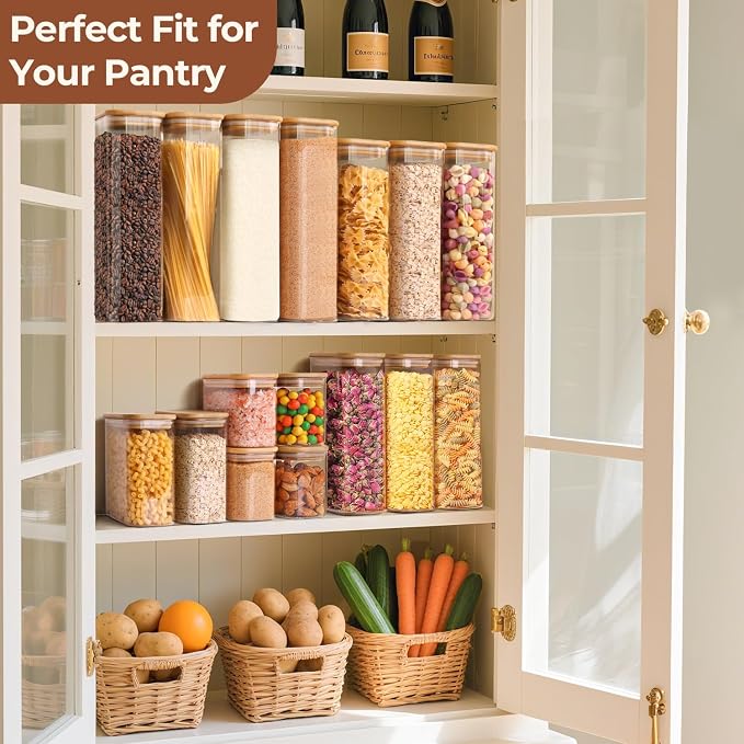 ComSaf 1.2 Qt Rectangle Glass Storage Containers with Lids, Glass Jars with Bamboo Lids, Clear Food Storage Jar, Sugar Coffee Containers, Pantry Container for Pasta Tea Candy Nut