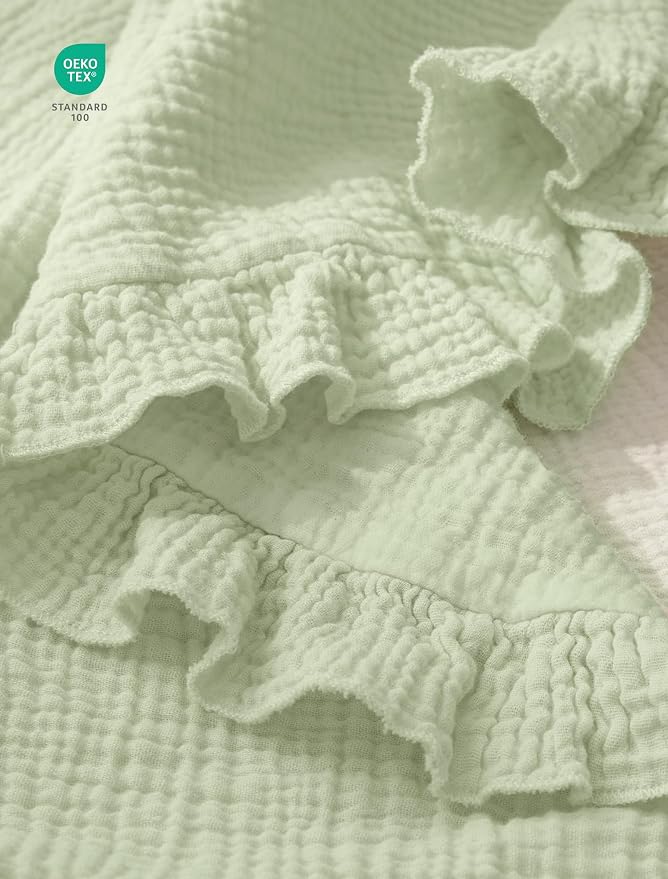 lulumoon Muslin Ruffle Baby Blanket - Soft Breathable 100% Cotton Newborn Wrap for Stroller Travel & Car Seat - Ideal for Nursery Decoration & Photo Prop 40"x36"(Green)
