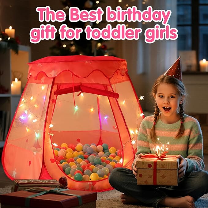 Pop Up Princess Tent with Colorful Star Lights for 1 2 3 Year Old Birthday Gift, 12-18 Months Baby Girl Toys, Foldable Ball Pit with Carrying Bag, Indoor&Outdoor Play Tent for Kids