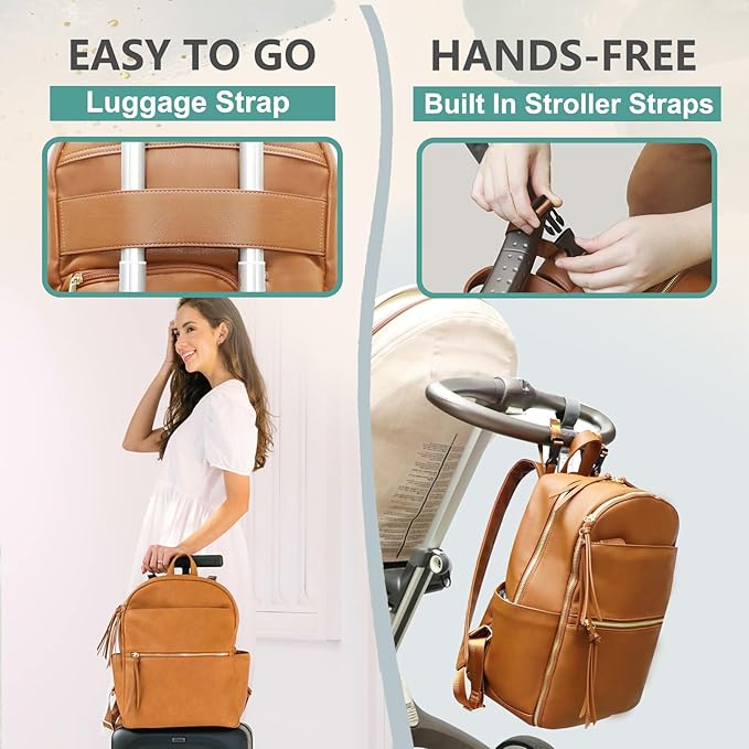 MOMINSIDE Diaper Bag Backpack Leather Diaper Bag with 6 Insulated Pockets, Baby Bag for Mom Dad, Baby Registry, Changing Pad, Stroller Straps,Diaper Backpack Diaper Bag Leather(Biscuit)