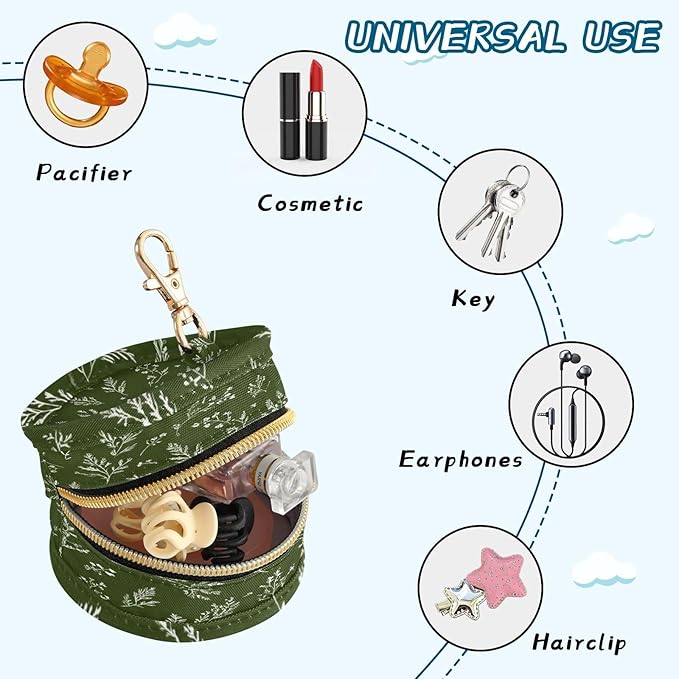 Pacifier Holder with Clip Pacifier Case for Diaper Bag Round Baby Pacifier Pouch Box Bag Portable Green Branches