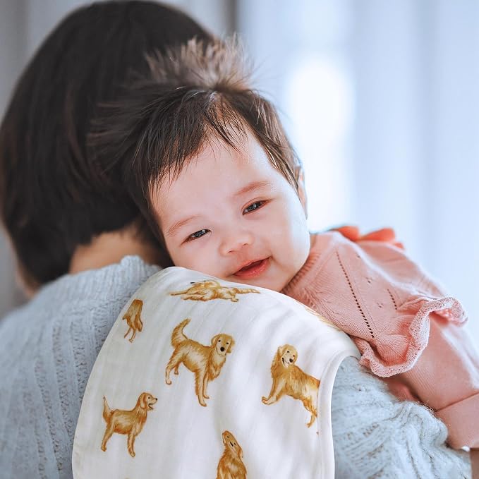 LifeTree Muslin Baby Burp Cloths - 2 Pack 70% Viscose from Bamboo and 30% Cotton Large 22'' by 10.6'' Absorbent Milk Spit Up Rags - Burping Cloths for Newborn, Girls Boys, GoldenRetriever & PoodleDog