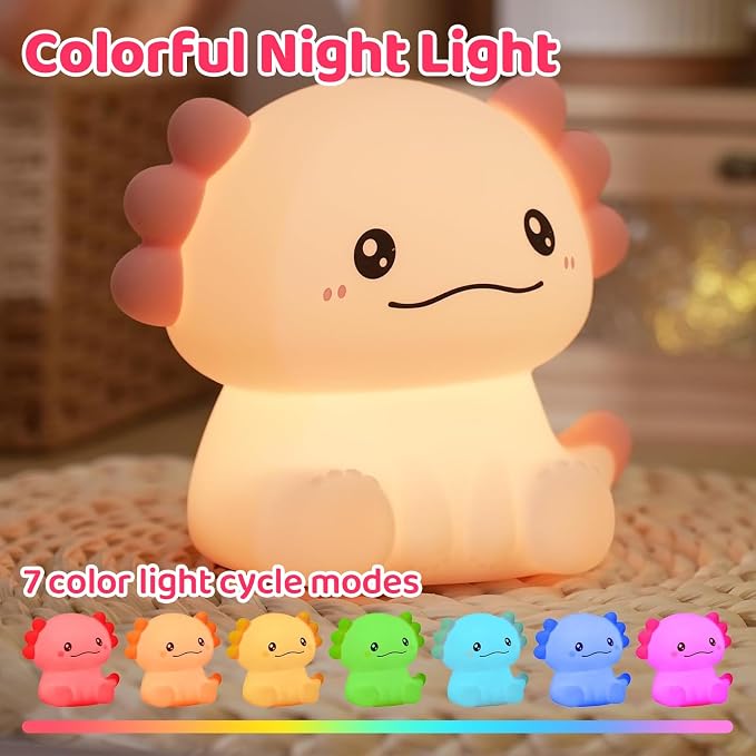 Axolotl LED Night Light, Silicone Touch Lamp for Bedroom with 7 Colors Timer and Dimmable 3-Level Squishy Warm Cute Night Lights, Rechargeable Animal Lamp for Bedroom Decor Birthday Gift