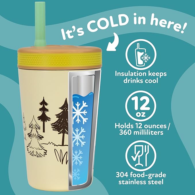 Nuby Thirsty Kids Insulated Toddler Cup with Silicone Flexstraw - 12 oz - Stainless Steel and Leak-Resistant - 18+ Months - Fox