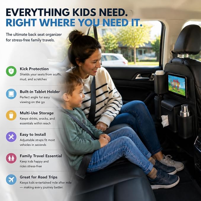 XDV Car Seat Organizers,Multi-functional Back Seat Protectors, Storage Pouches Kick Mats,Child kicking prevention and Tray Holders Tissue Box(for Cars, Kids, Seat Back and Rear Seats) (2, Black)