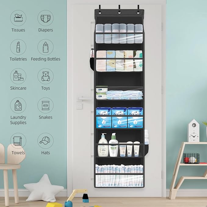 Over Door Organizer with 6 Extra Large Pockets 12 Side Pockets, Sturdy Closet Storage Rack, Hanging Storage Organizer with Clear Window for Shoes, Diaper, Bedroom, Bathroom, Black, 4-Pack