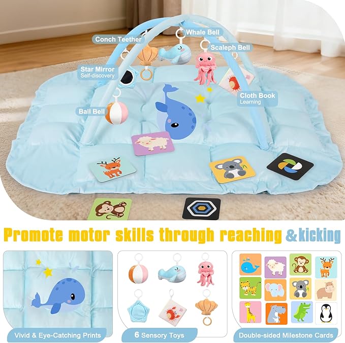 5-in-1 Tummy Time Mat Baby Activity Gym with Cartoon Pattern, Extra Thick Plush Play Floor Mat