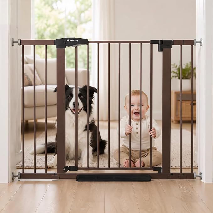 Mumeasy 29.7-46" Baby Gate for Stairs, Pressure Mounted Dog Gate for Doorways, Auto Close Walk Through Pet Gate Indoor, Extra Wide Metal Child Safety Gate, Mom's Choice Awards Winner, Brown