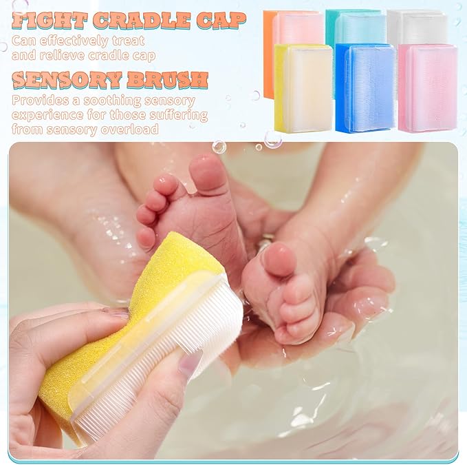 Sunnyray 6 Pack Bath Sponges Soft Foam Scrubber with Cradle Cap Bristle Brush 2 in 1, Cleansing Body, Hair and Scalp Cleansing, Gentle on Baby and Toddler Sensitive Skin, Sterile and Safe