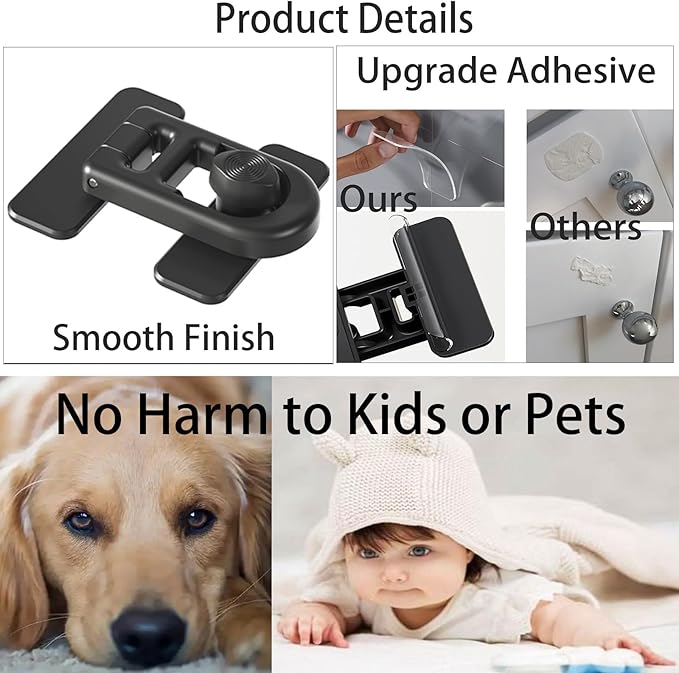 Child Safety 2-Pack Refrigerator Lock Baby Proofing for Cabinet Door Drawer Cupboard Freezer Oven Closet, 90 Degree Fridge Latches for Toddler Cat Dog Kitchen, No Drill Upgraded Adhesive