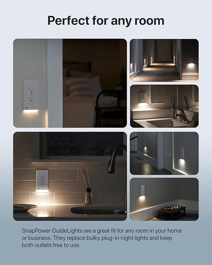 Single - SnapPower GuideLight [for Standard Decor, Not GFCI outlets] - Night Light - Electrical Outlet Wall Plate with LED Night Lights - Automatic On/Off Sensor - (Décor, Light Almond)