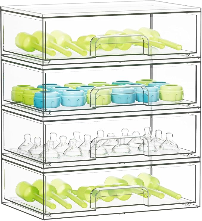 SpaceAid Bottle Storage Organizer Baby - Acrylic Bottles Station Organizer Container, Stackable Clear Drawers for Countertop, Vanity, Bathroom, Cabinet, Pantry Organization, 4 Pack, 4L, 13.7"H