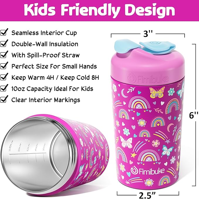 Fimibuke Kids & Toddler Cups, 10 OZ Spill Proof Straw Cups for Toddlers, 2 Pack Leak-Proof Kid Insulated Tumbler with Screw-On Lid & Silicone Straw with Stopper, Stainless Steel Sippy Cup for Girl Boy