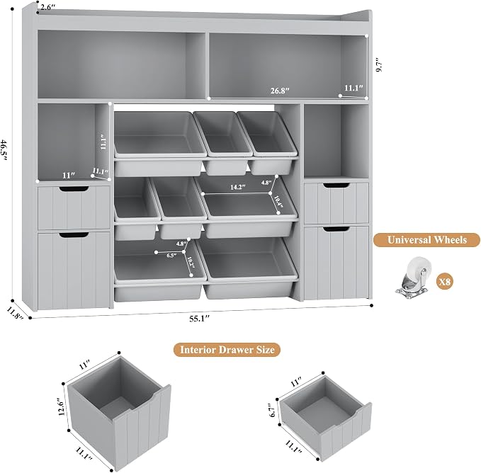 HORSTORS 55" W Toy Storage Organizer with Drawers, Large Kids Toy Storage Box with Removable Bins, Tall Kids Bookshelf and Bookcase for Boys and Girls, Modern Toy Chest for Playroom, Classroom, Grey