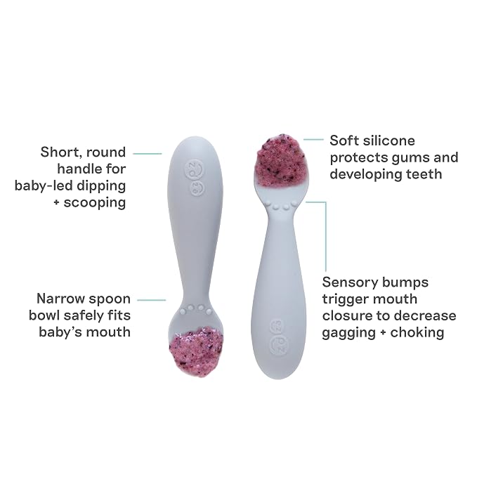 ezpz Baby Feeding Bundle – Tiny Spoon (2-Pack, Pewter) + Gumline Feeder (Sage) – 100% Silicone Baby-Led Weaning Set for 4–6+ Months – Infant Feeding Essentials